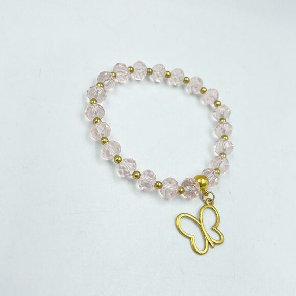 Women Pink Cristal Bracelet Beads With Metal Butterfly Gold Tone - Picture 7 of 8